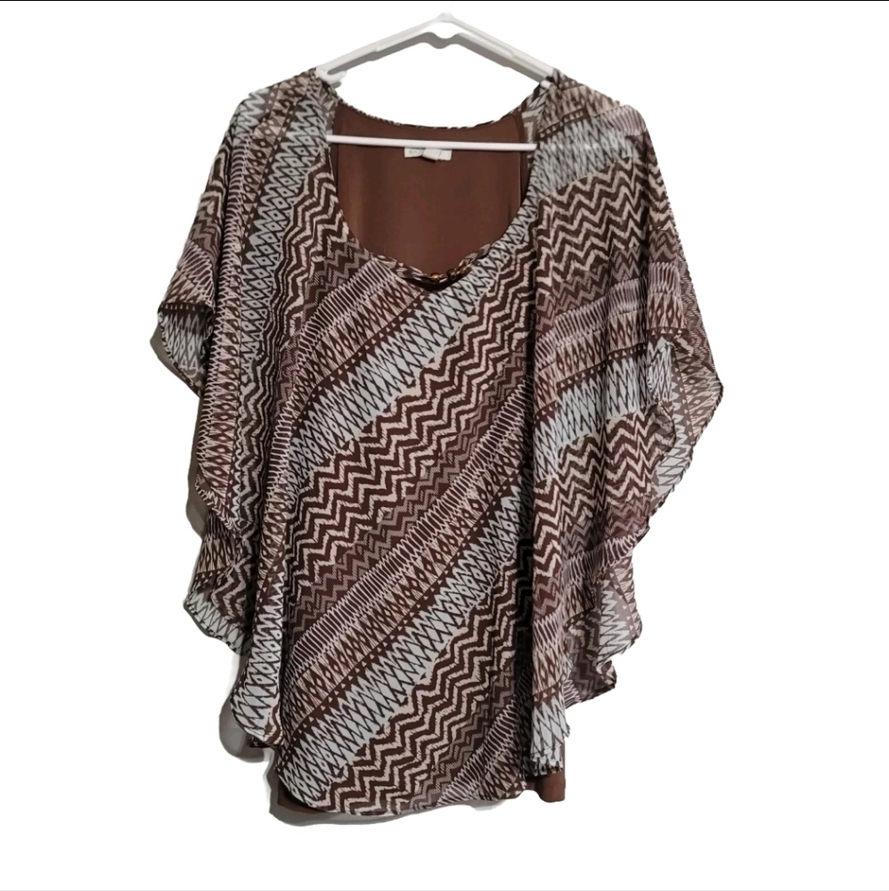 Cato Top Size 14/16 XL Brown Blue Lined Semi Sheer Boho Western Coastal Cowgirl
